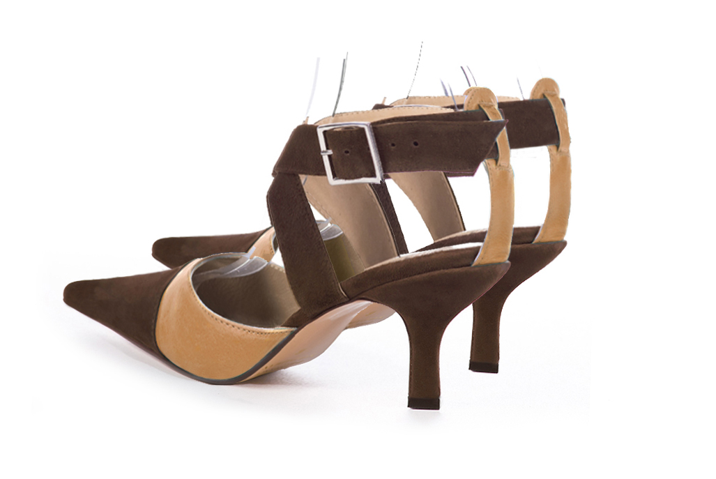 Dark brown and camel beige women's open back shoes, with crossed straps. Pointed toe. High spool heels. Rear view - Florence KOOIJMAN